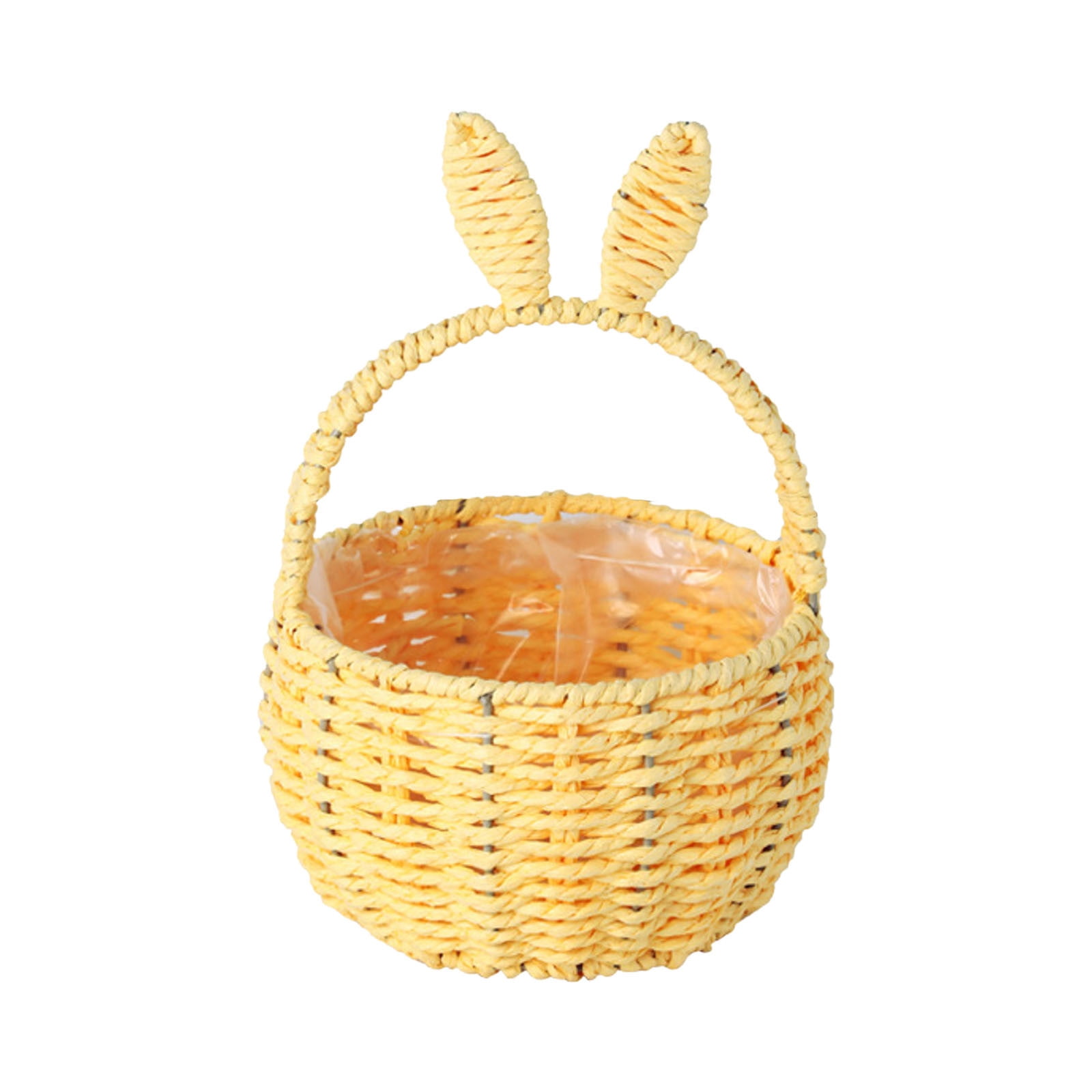 Basket with Handle Easter Bunny Rattan Woven Picnic Baskets with Rabbit Ear Straw Wicker Egg Candy Storage for Egg Party Supplies Gifts (Yellow)