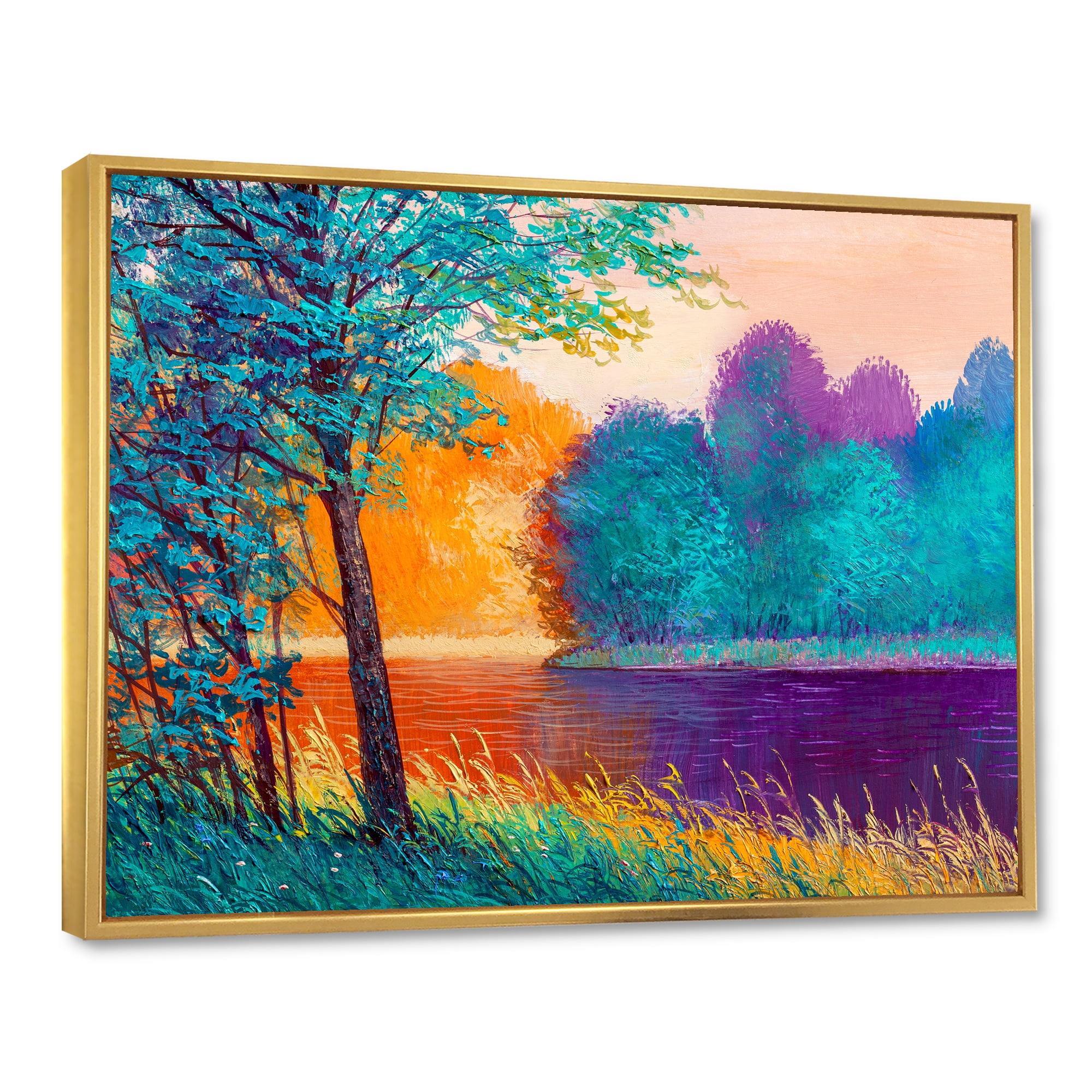Designart 'Colorful Trees During Twilight Along River' Traditional Framed Canvas Wall Art Print