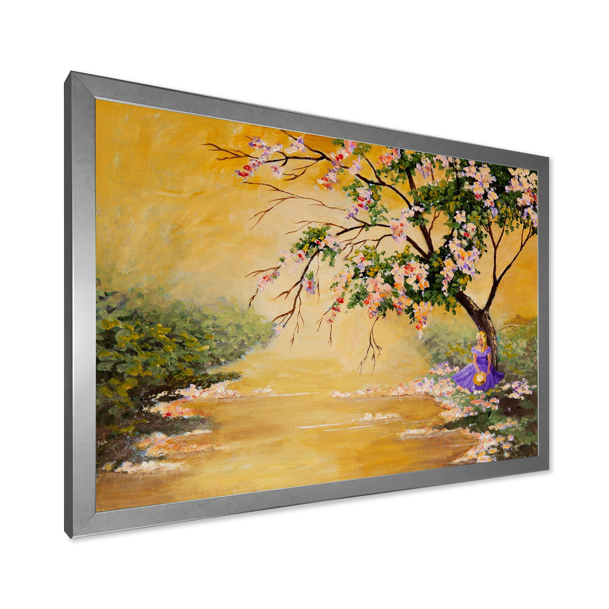 Beautiful Girl Standing By The Flowering Tree 32 in x 24 in Framed Painting Canvas Art Print, by Designart
