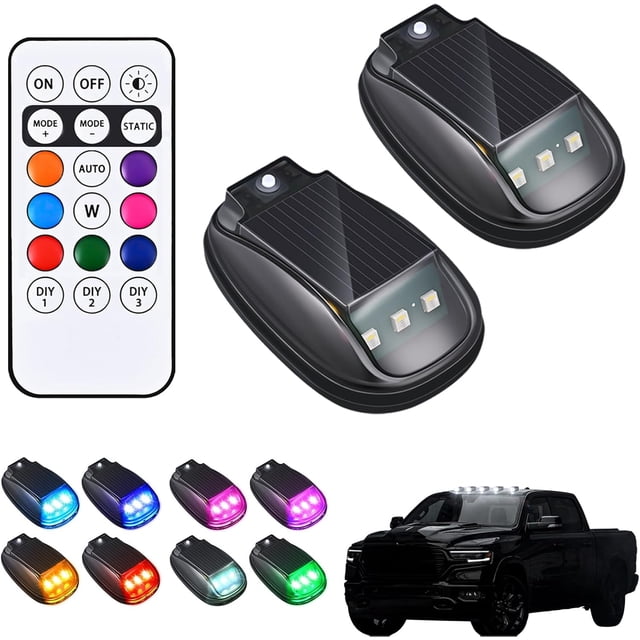 2/4/5PCS Solar Cab Lights, 2026 New Solar Car Roof RGB Strobe Light, No Drill Solar Powered Cab Lights, with Remote Control, Vibration, for Truck SUV Rvs (2PCS)