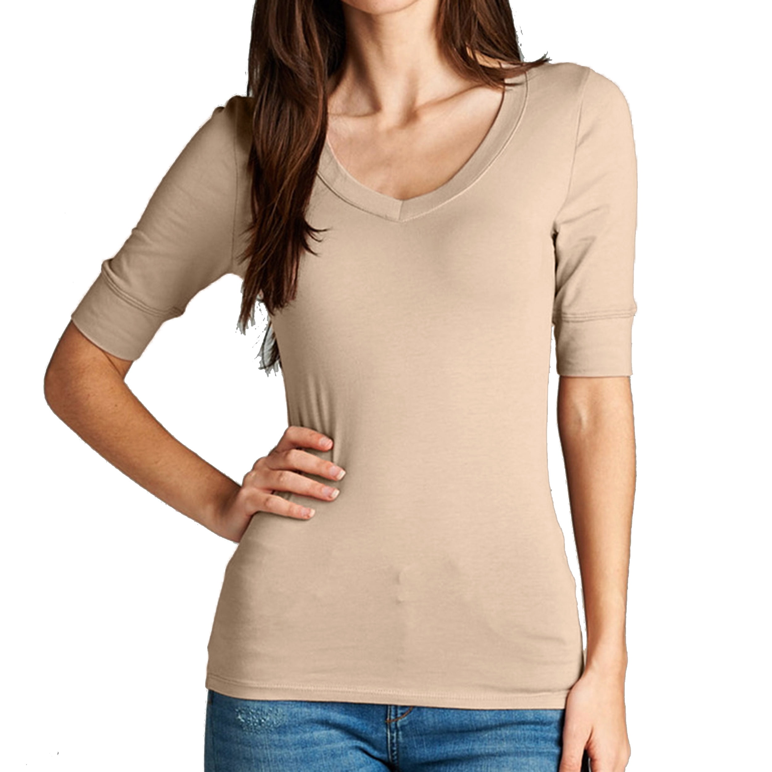 Women's Basic Elbow Sleeve VNeck Cotton TShirt Plain TopPlus Size