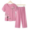 thumbnail image 3 of BLOCLOALO 2 Piece Lounge Set Short Sleeve Shirts Women's Summer Cotton and Linen Breathable and Comfortable Short Sleeved Pants Two Set Elderly Floral Print Suit Trendy Sets Casual Sets Pink Xxl, 3 of 3