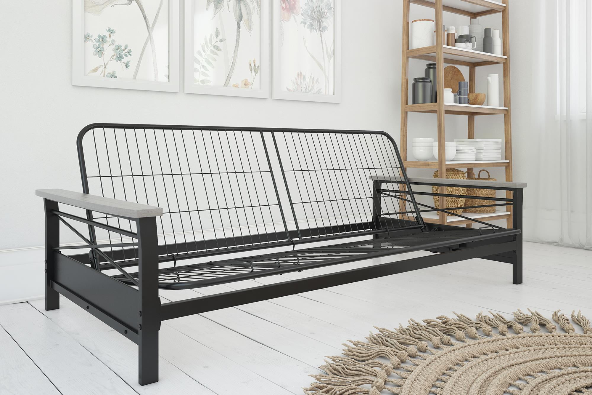 DHP Nadine Metal Futon Frame with Gray Wood Armrests, Full Size