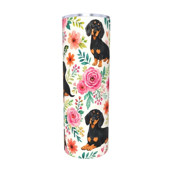 20oz Floral Dachshund Dog Tumbler Insulated Car Cup Cute Puppy Travel Coffee Cup Gift for Women with Straw