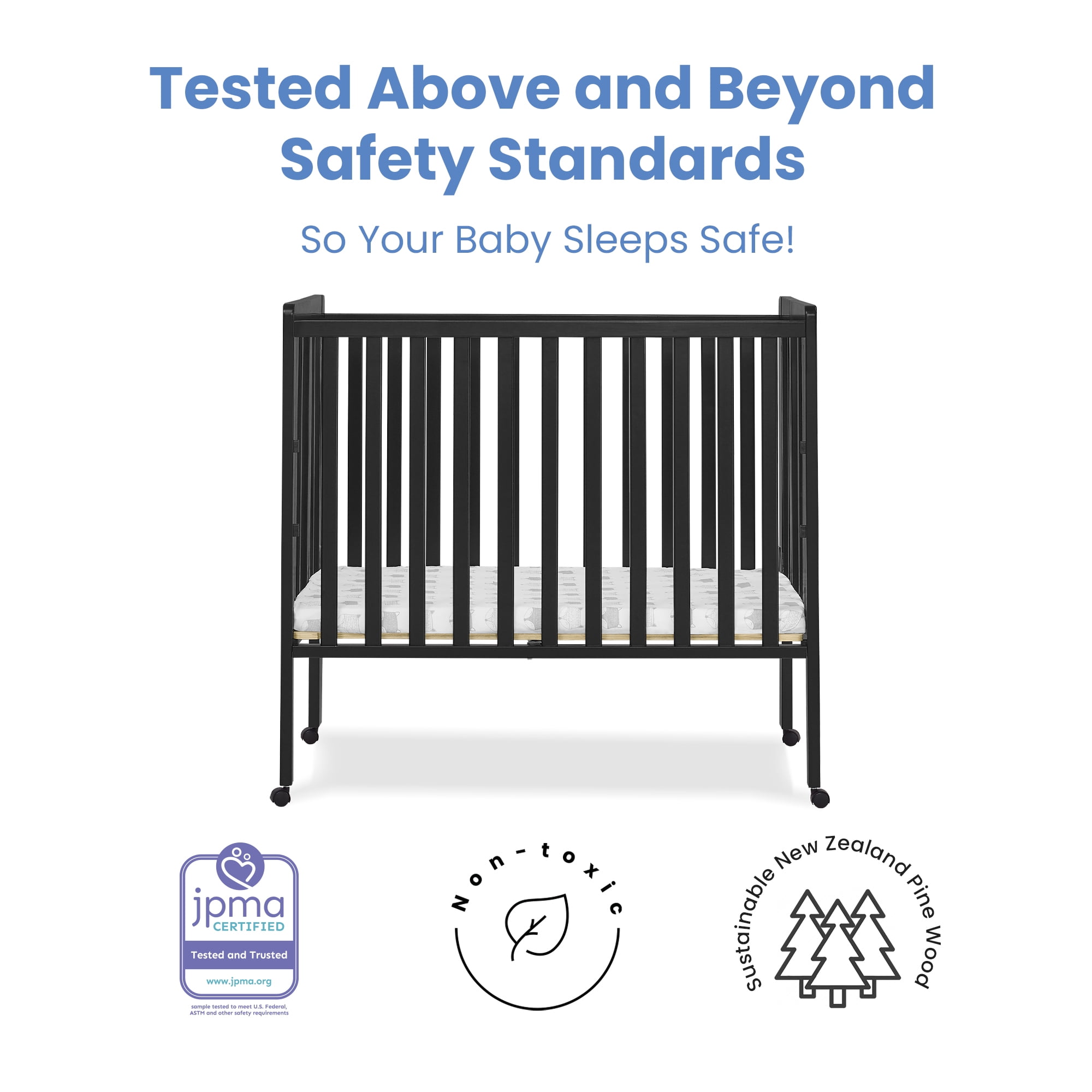 Delta Children Lee Portable Folding Mini Crib with 1.5-Inch Mattress - Greenguard Gold Certified, Black