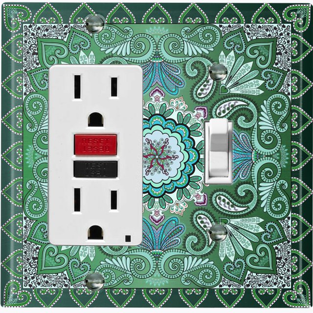 Metal Light Switch Plate Cover Elegant Green Mandala Flower Tile Pattern TIL063