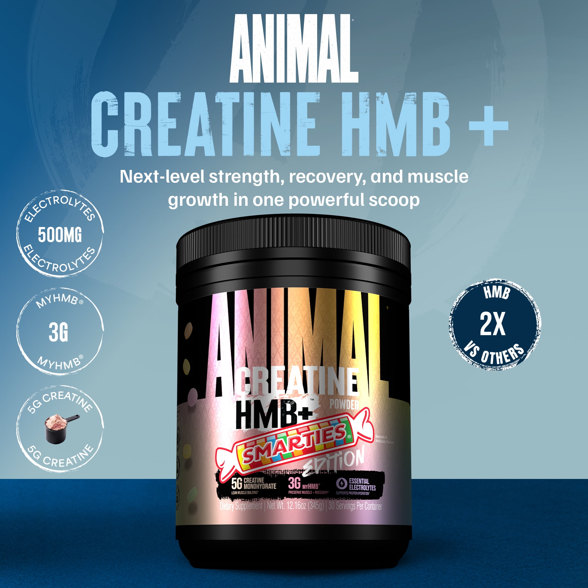 Animal Creatine HMB Powder – 5g Creatine + 3g myHMB with Electrolytes for Lean Muscle, Recovery & Daily Energy – Smarties Flavor, 30 Servings