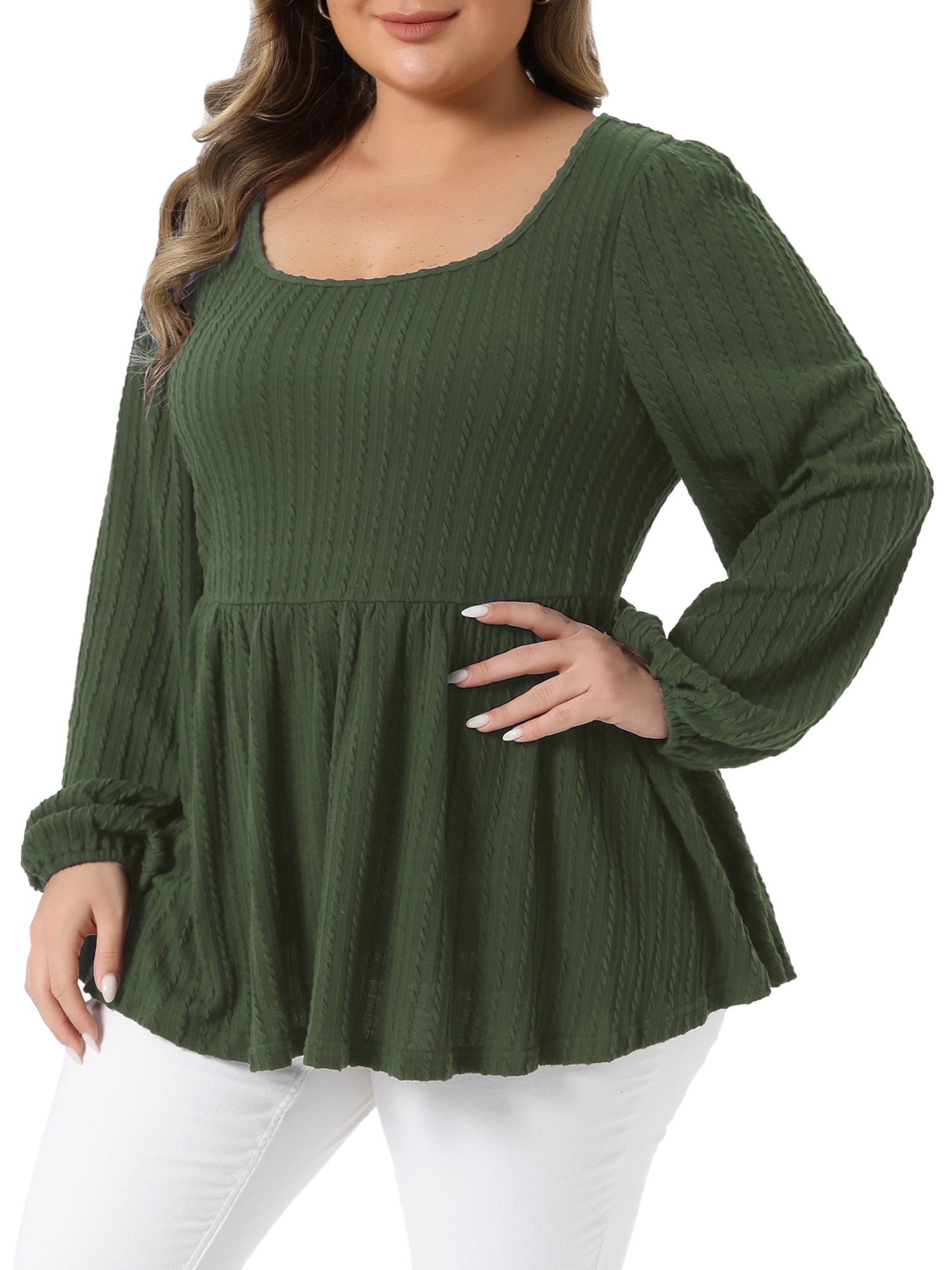 DARING DIVA Women's Plus Blouses Scoop Neck Ruffle Hem Peplum Knit Top 4X Army Green