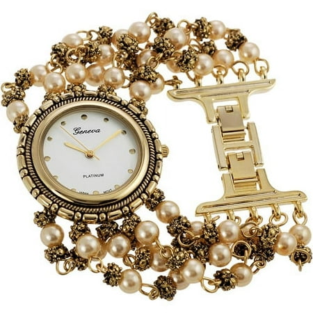 Brinley Co. Women's Platinum Faux Pearl Watch, Metal Chain Bracelet