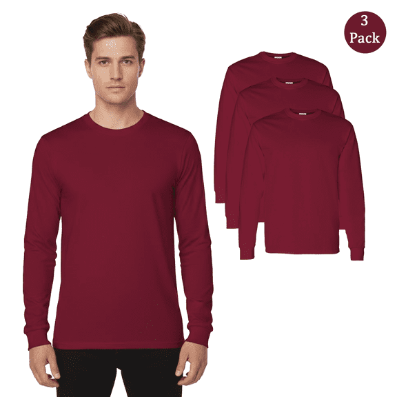 Gildan Men's Heavy Cotton T-Shirt, Long Sleeve Crewneck Tee, Cardinal Red, 3-Pack, S
