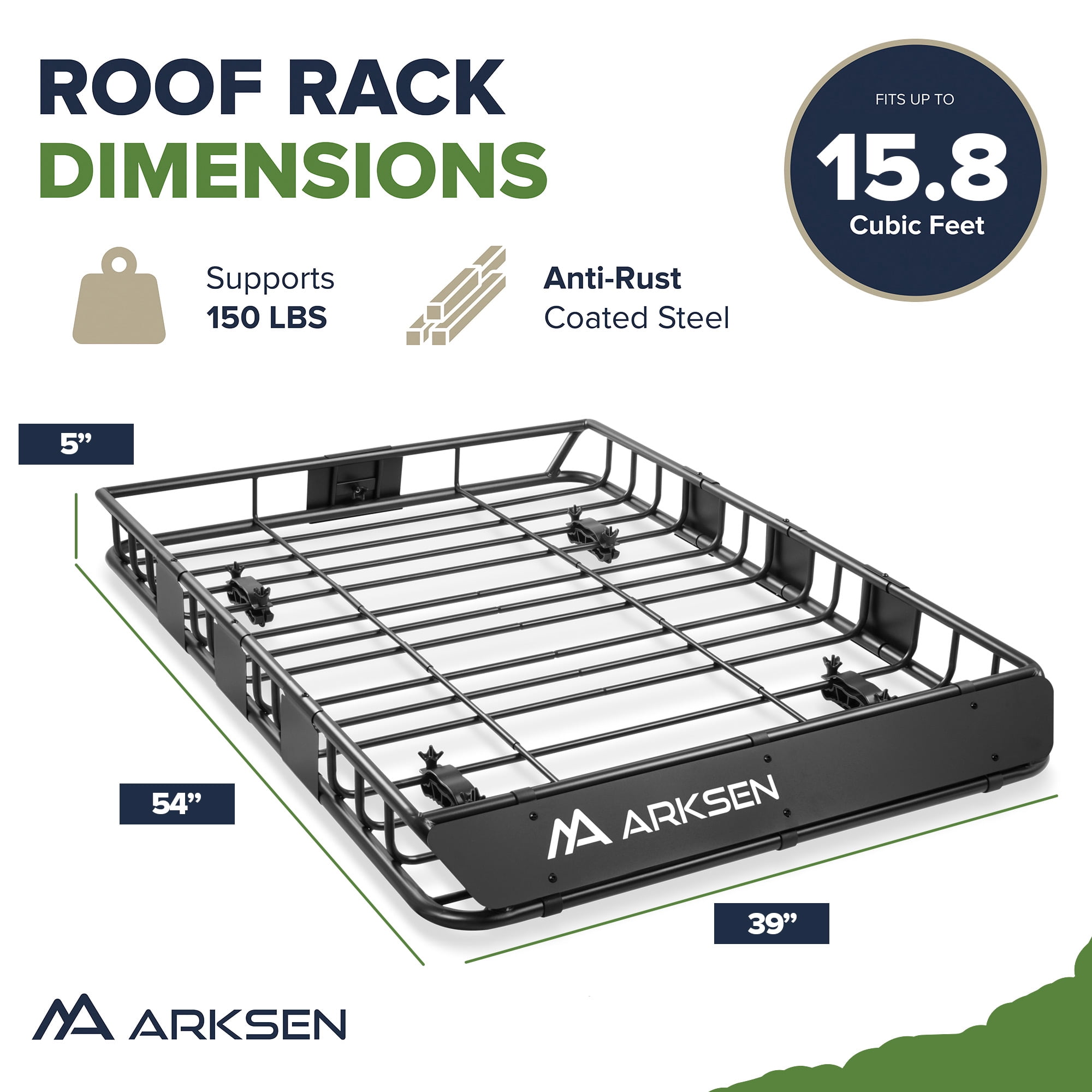 ARKSEN 54 x 39 x 5 Inch Upgrade Universal Roof Rack with Waterproof Bag, Cargo Net&2 Ratchet Straps - 150Lbs Capacity Heavy Duty Cargo Carrier with Extension for Car, SUV & Pickup