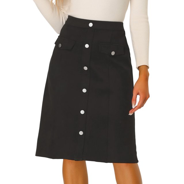 Falda de gamuza para mujer Hasta la rodilla Botón Frente Cintura alta Bolsillos Decoración Faldas acampanadas Negro XL