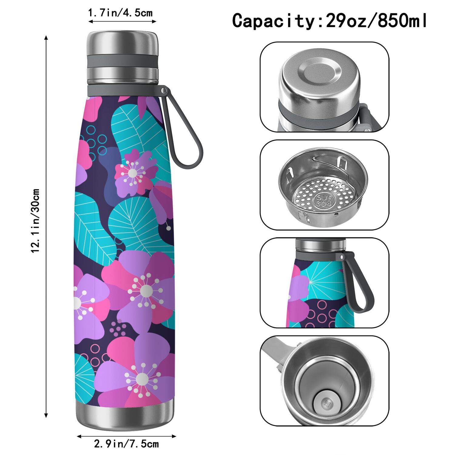 29oz Insulated Water Bottle with Tea Infuser, Stainless Steel Travel Mug, Spring Floral Print