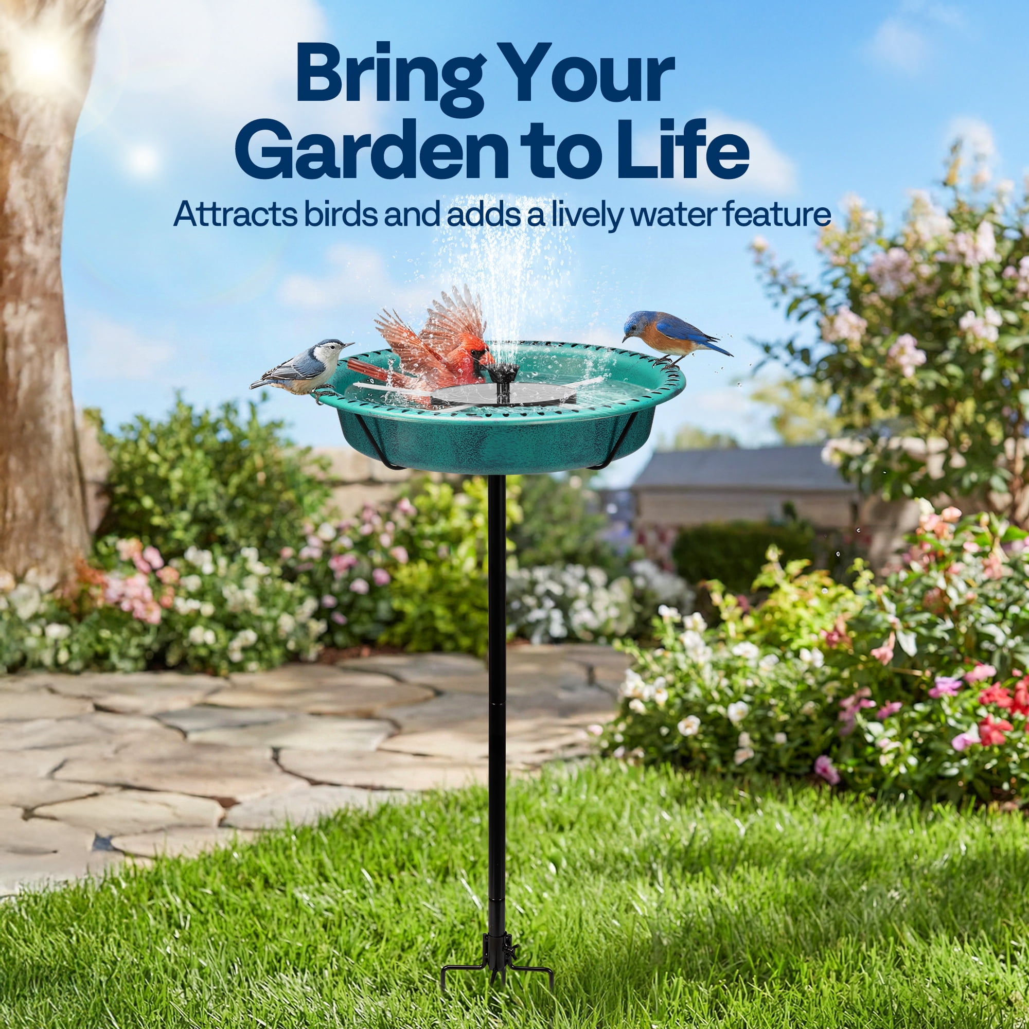 SPECSTAR Oval Bird Bath with Solar Fountain for Outside, Weather-Resistant ABS Birdbath Bowl with Solar Powered Pump, Metal Ground Stake for Outdoor, Garden, 1.3 Gallons, Green