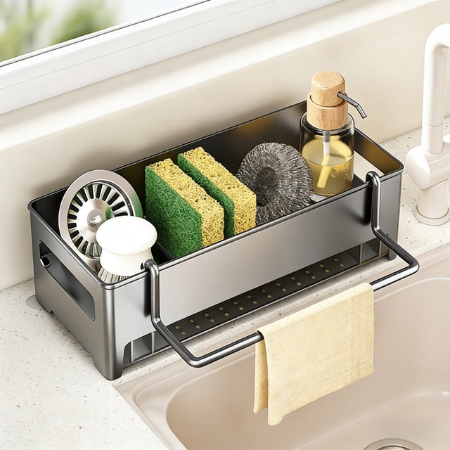 Soporte para esponja de fregadero con gancho para trapo | Organizador de plástico para dispensadores de jabón, cepillos y esponjas | Organizador compacto de encimera para accesorios de limpieza de