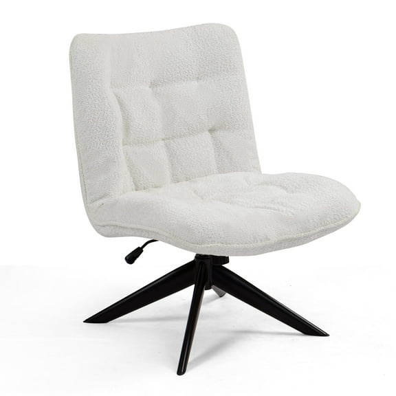 Belva White Boucle Upholstered Fabric Accent Chair with Black Metal Swivel Legs
