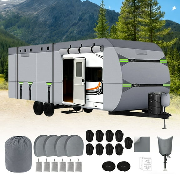 27-30FT 8-Layer Heavy Duty Travel Trailer RV Cover, for Snow & Wind Protection Camper Cover, Reinforced Windproof Tearproof