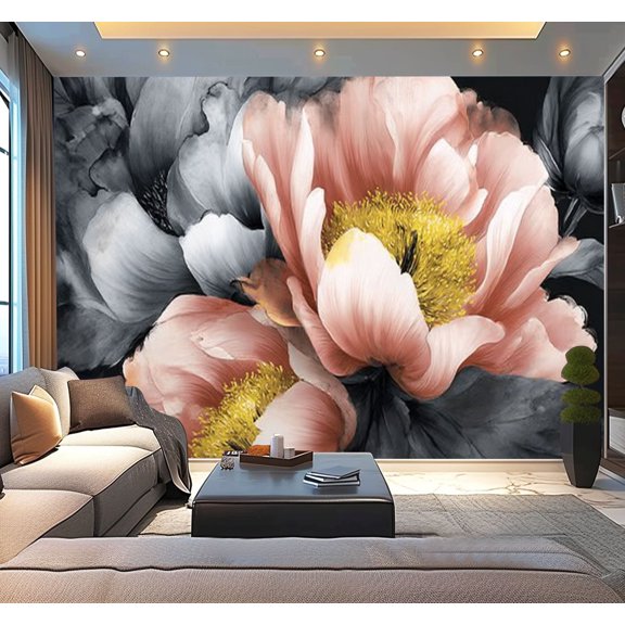 Peel and Stick Wallpaper Waterproof Peony Flower Pink Petals Yellow Stamen Gray Leaves Black Watercolor Wall Mural Decor Self Adhesive and Removable 100in x 144in