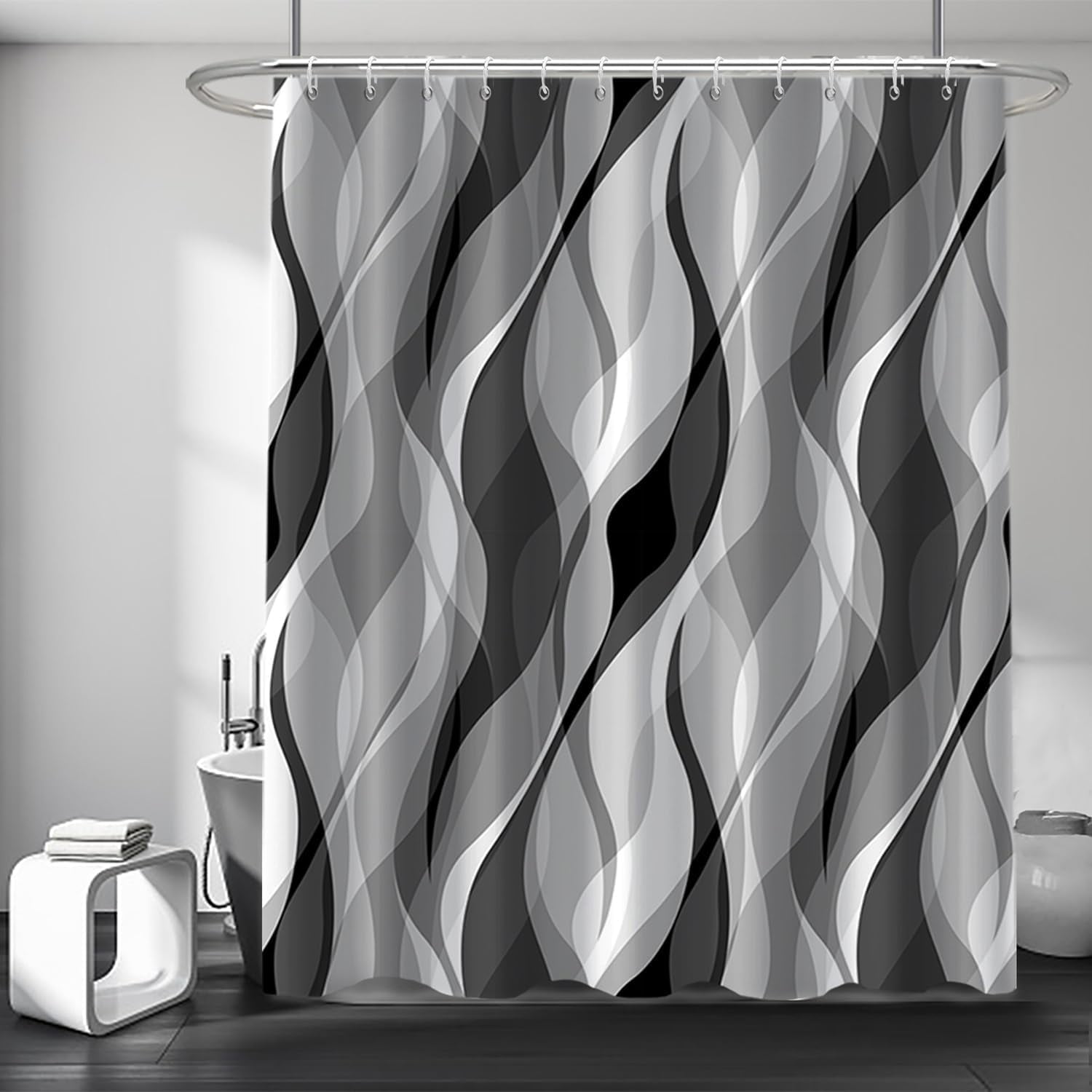 PAEOT Navy Blue Ombre Shower Curtain - White Wavy Stripe Design, 72x72 Inch, Polyester Fabric With 12 Hooks - View #2