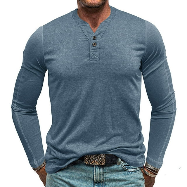 pstuiky camisa de manga larga para hombre, Suéter deportivo informal de color liso con cuello redondo y botones para hombre, blusa de manga larga con cuello redondo salir tops l