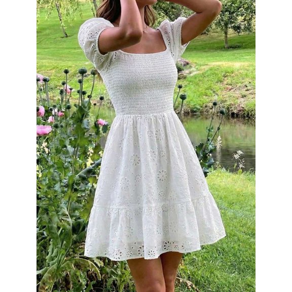 White Eyelet Smocked Square Neck Mini Dress With Puffed Sleeves