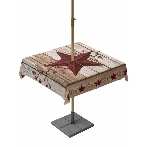 Outdoor Tablecloth with Umbrella Hole and Zipper, Red Texas Star Vintage Square Table Cloth 60x60 Inch Waterproof Tablecloth, Farmhouse Berry Brown Wooden Picnic Table Cover for Patio Camping
