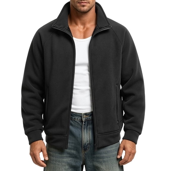 qelini Fleece Jacket for Men Full Zip Big and Tall Collar Neck Long Sleeve Sweatershirt Solid Color Cloth for Fall Winter