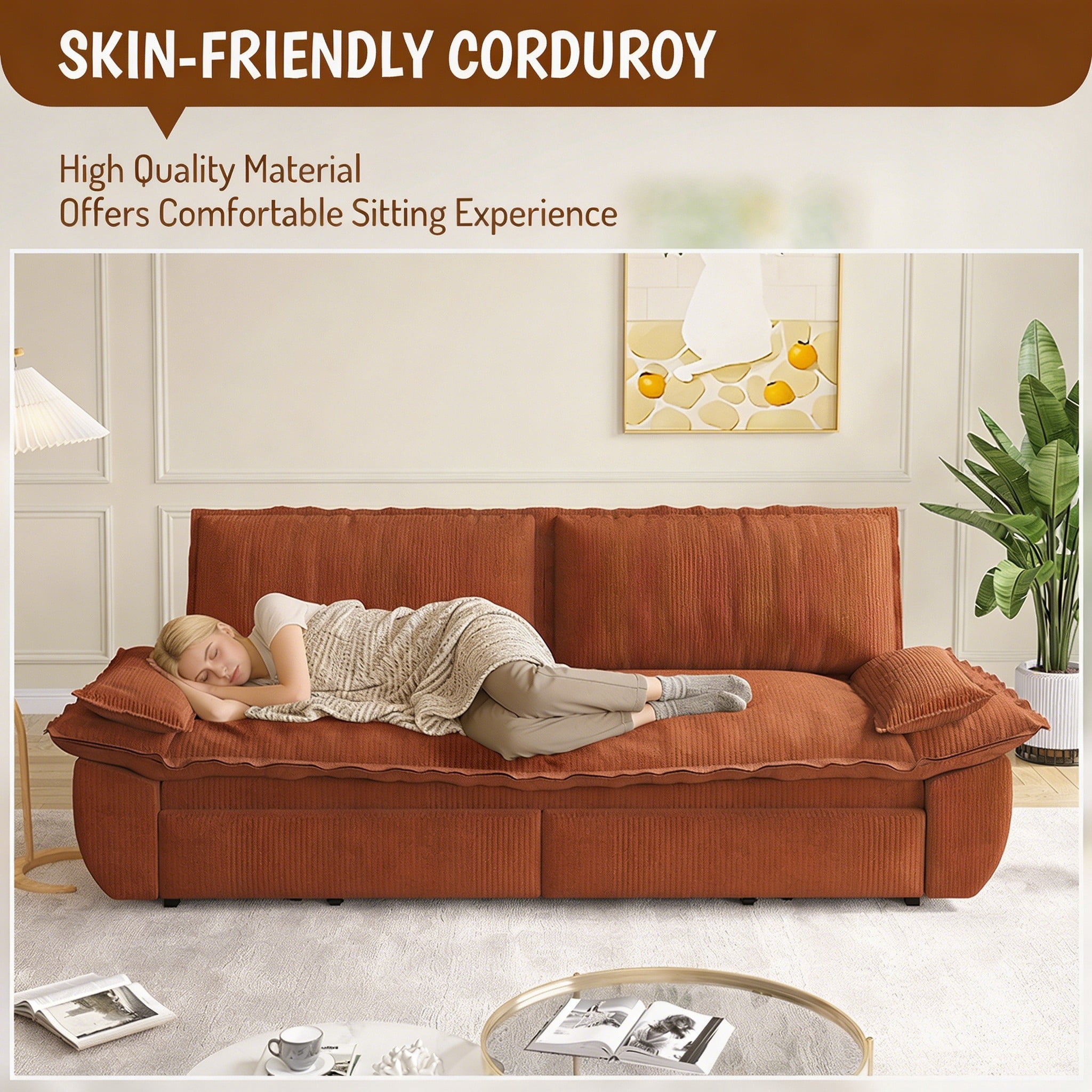 Multi-Functional Corduroy Convertible 3-in-1 Sofa Bed, Queen Size Loveseat Sleeper Couch, Orange