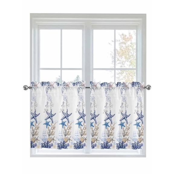 Half Window Curtain 36 Inches Long, Starfish Window Treatment Curtain Drapes, Blue Ocean Coastal Coral Shell Nautical Boat Small Tier Curtains for Bathroom Over Sink, 27.5"x36", 2 Panels