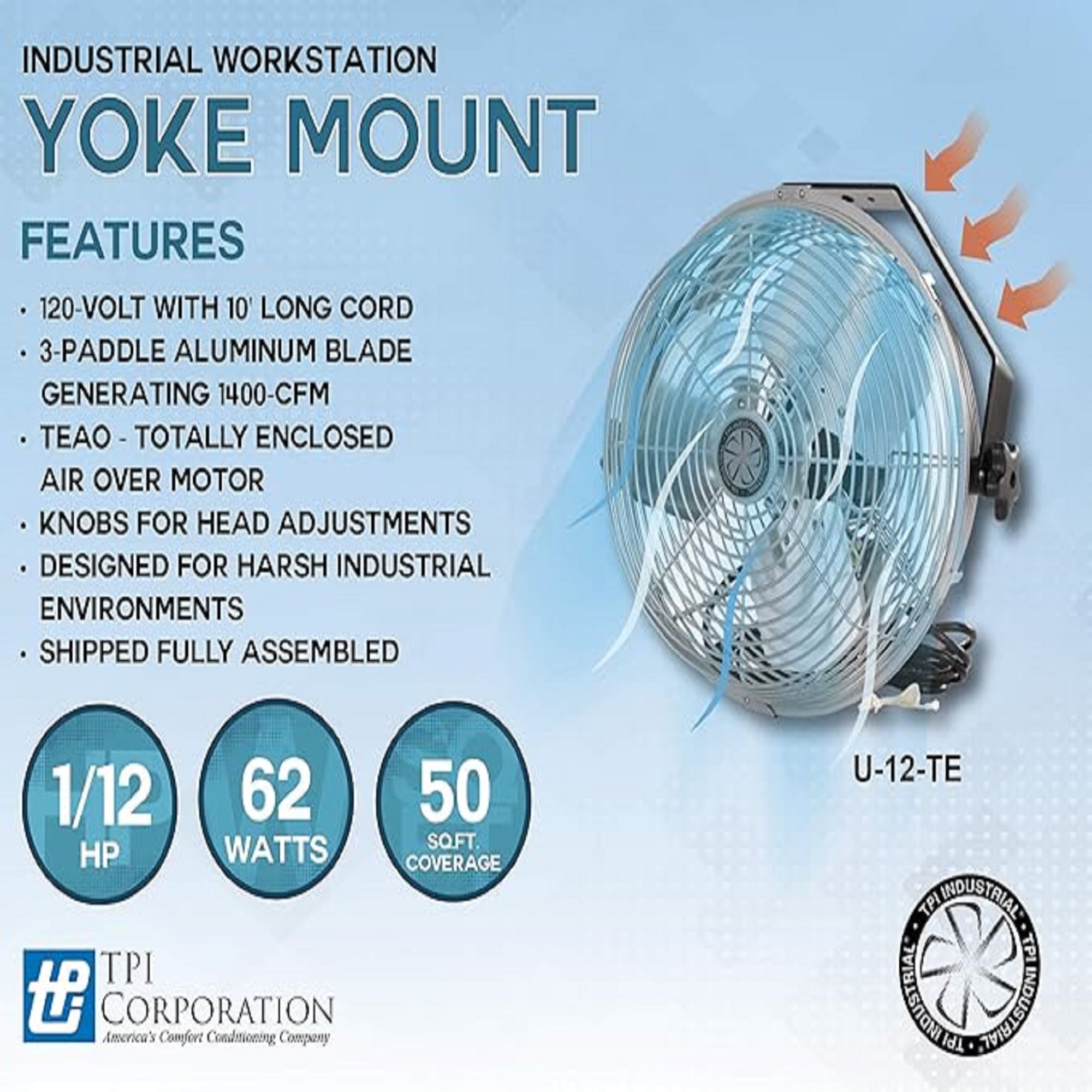 TPI Workstation Fans, Wall-Mount, 12" Blade Diameter, 1/12 Hp