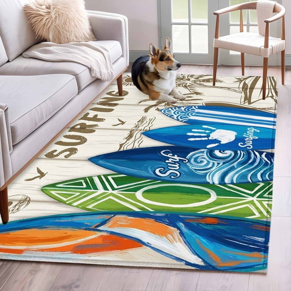 Rectangle Area Rugs 3 x 5 Ft, Beach Surfboard Non-Slip Residential Carpet, Summer Sea Surfing Tropical Botanical Tree Indoor Crawling Mats Runner Rugs for Living Room/Dining Room/Bedroom