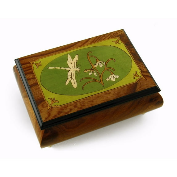 Tranquil 30 Note Olive Green and Wood Tone Dragonfly Music Box - Jingle Bells