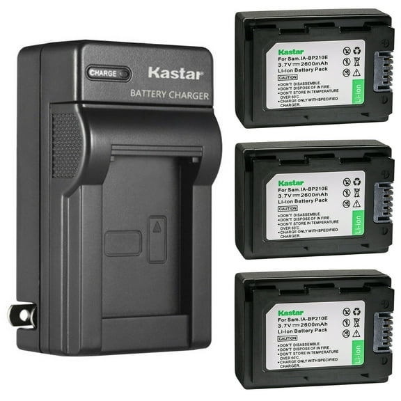 Kastar 3-Pack IA-BP210E Battery and AC Wall Charger Replacement for Samsung SMX-F70, SMX-F70BP, SMX-F70BN, SMX-F400, SMX-F500, SMX-F501, SMX-F530, SMX-F700, HMX-F80, HMX-F80BP, HMX-F80SP, HMX-F80BN
