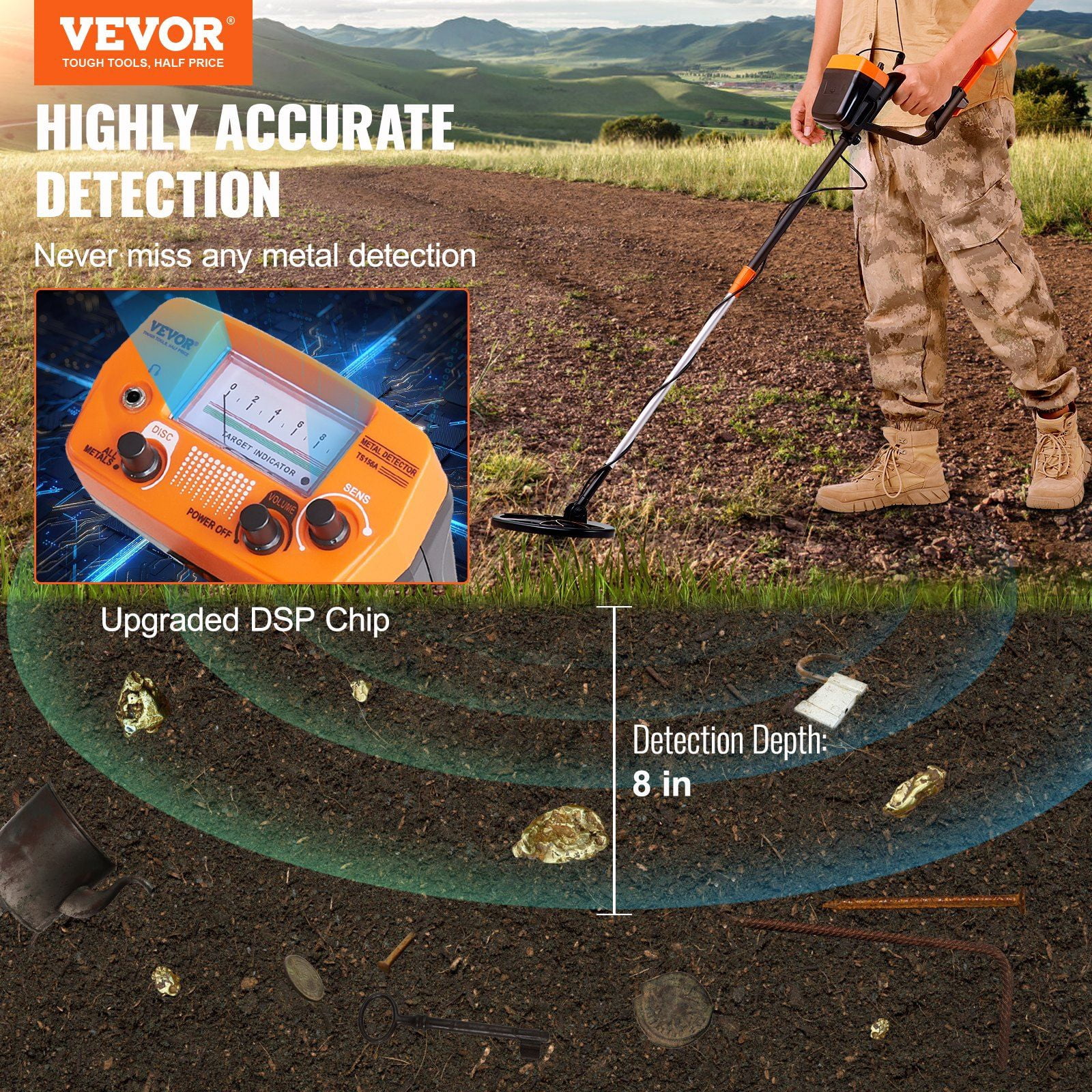 Metal Detector for Adults and Kids 8 Inch Waterproof Search Coil High Accuracy Pointer Display Adjustable 38 to 49 Inches Lightweight Aluminum Stem Gold Treasure Detector
