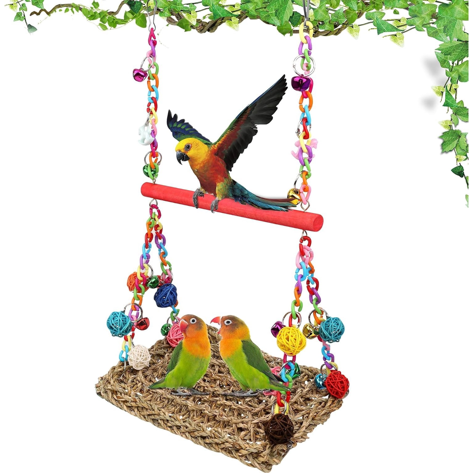 Bird Swing Mat with Perch, Seagrass Bird Hammock for Conures with Chewing for Parakeets, Budgie, Cockatiel Cage Accessories (Rose- Pole)