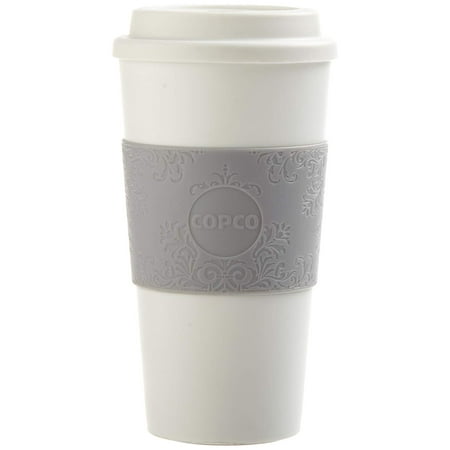 Wall Plastic Mug - Copco Acadia Slim BPA Free Plastic Spill Resistant Insulated Portable Traveler Coffee Mug 16 Oz, Damask Grey White