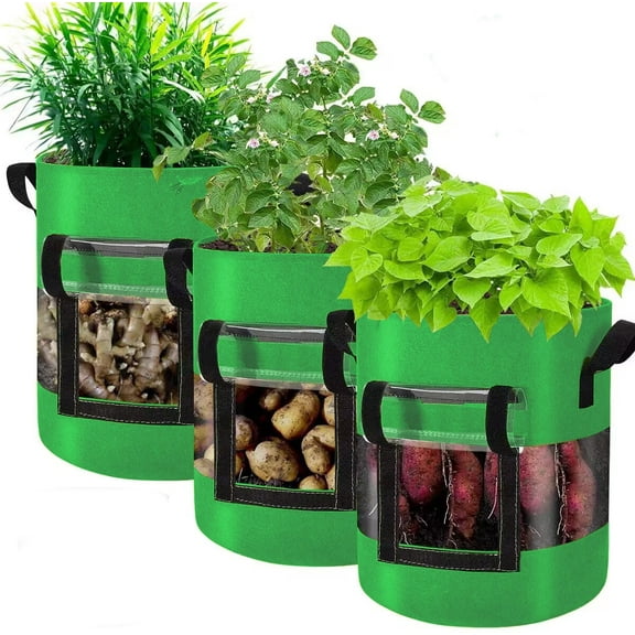 3-Pack 10 Gallon Potato Grow Bags with Flap Window, 360° Visible Heavy Duty Fabric Planter Pots with Handles for Vegetable & Flower Gardening