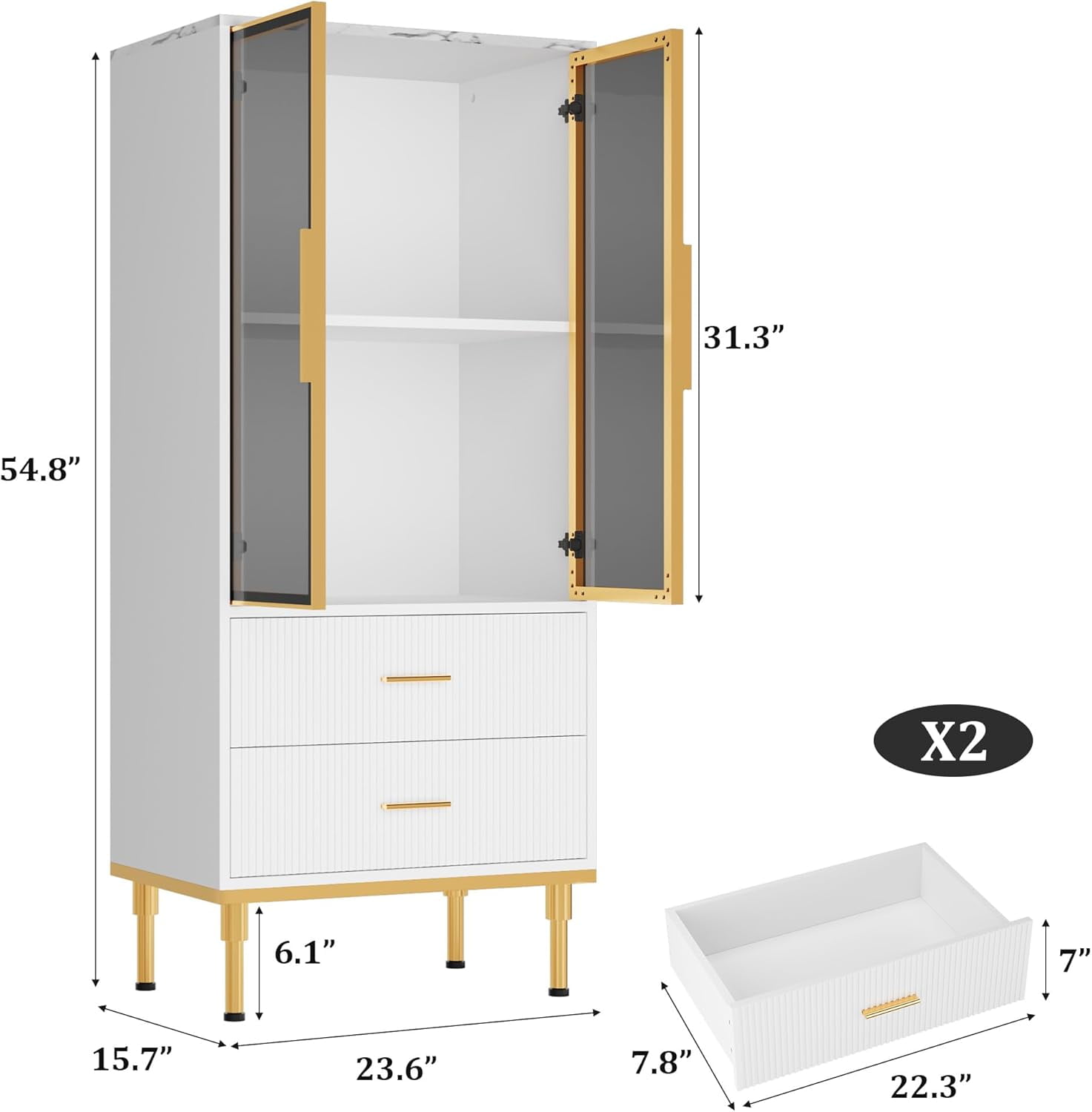 Fluted Storage Cabinet with Glass Door and 2 Drawers, Modern Display Storage Cabinet, Kitchen Pantry with Adjustable Shelves for Collectibles, Living Room, Office