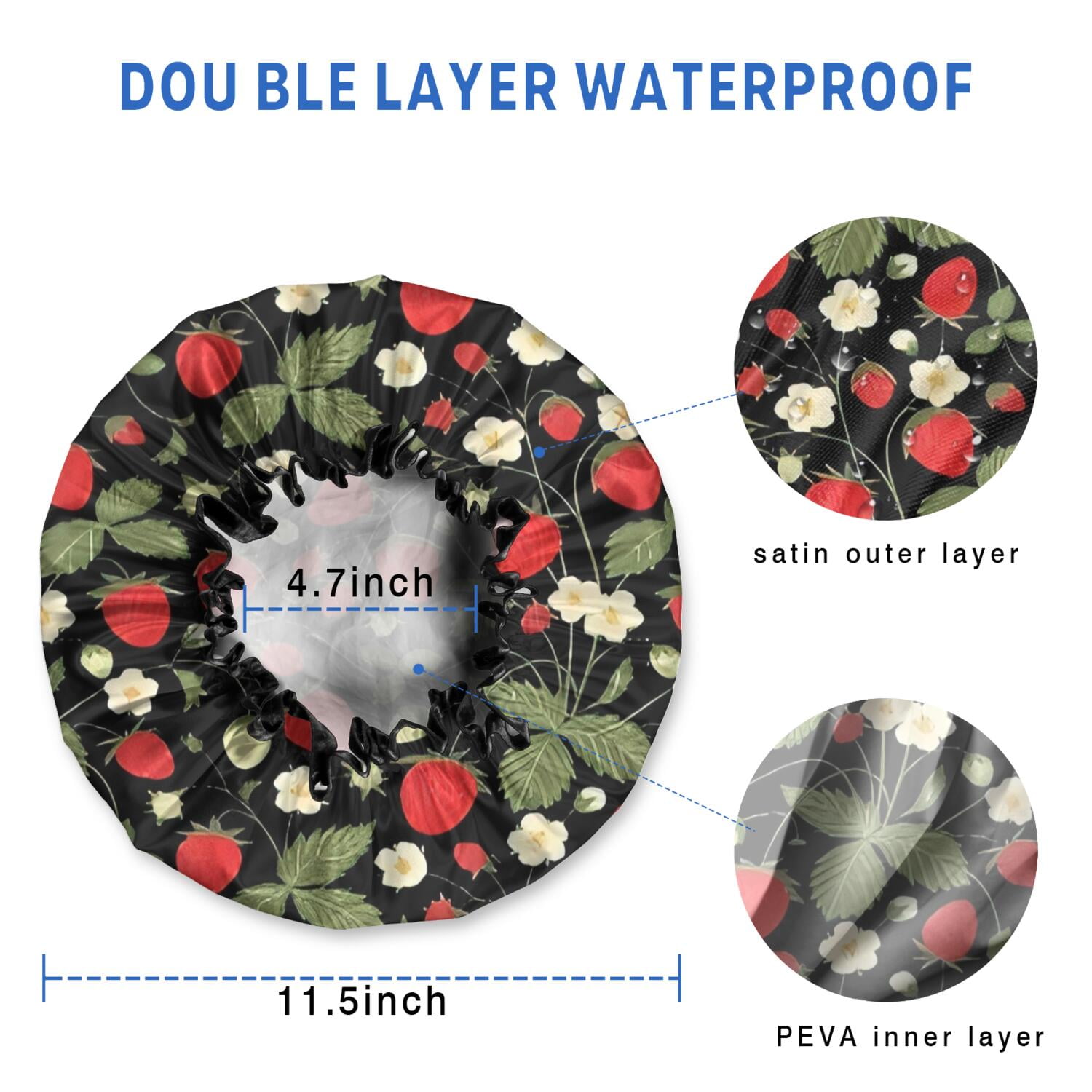 Shower Caps,Strawberry Plants Fruit Flower Leaf Waterproof Shower Cap for Women 4 Pieces,Double Reusable Hair Cover for Shower PEVA Elastic Stretch Hem
