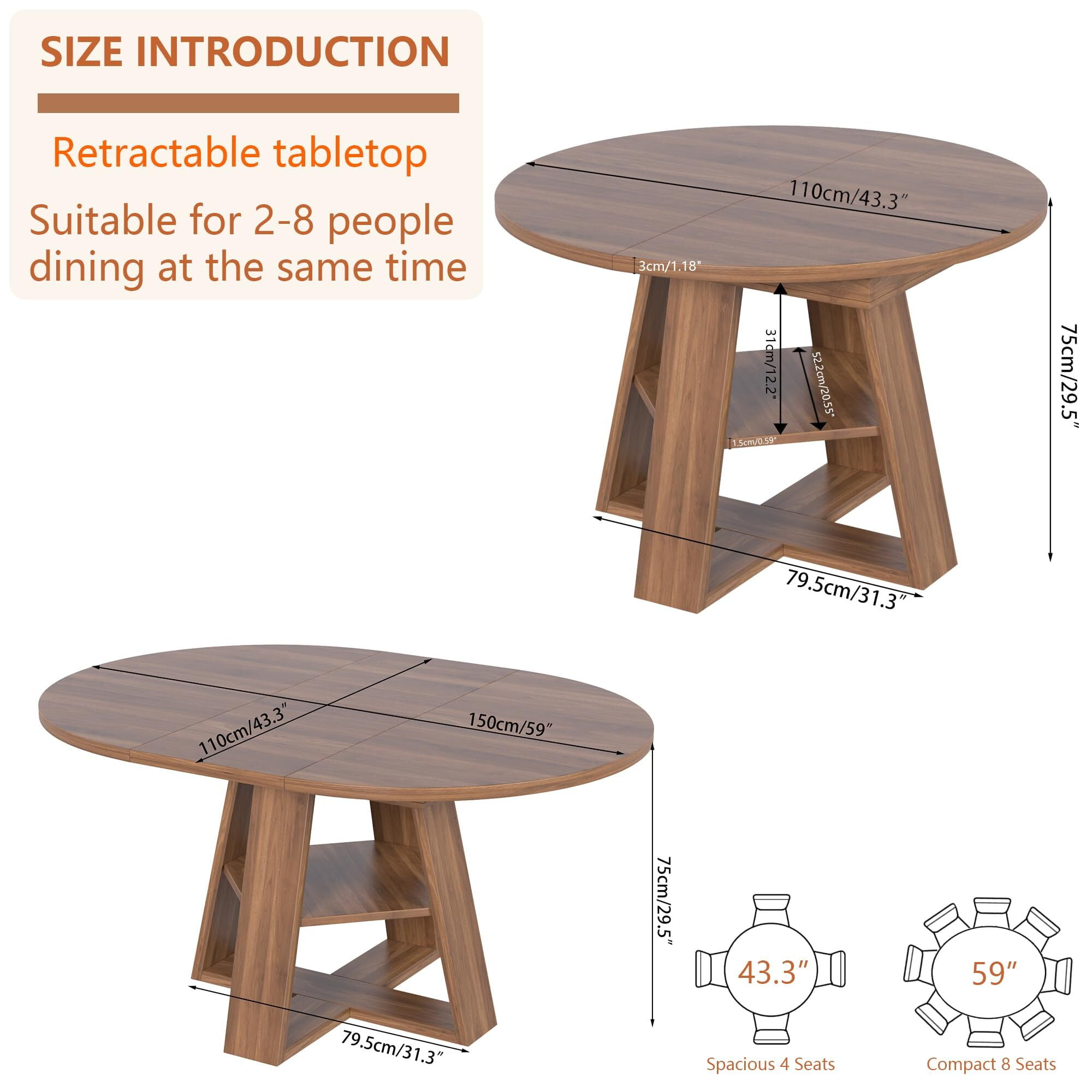 Fsbecl 43.3in-59in Extendable Round Dining Table for 4-8, Modern Wooden Kitchen Table with Removable Leaves, Walnut
