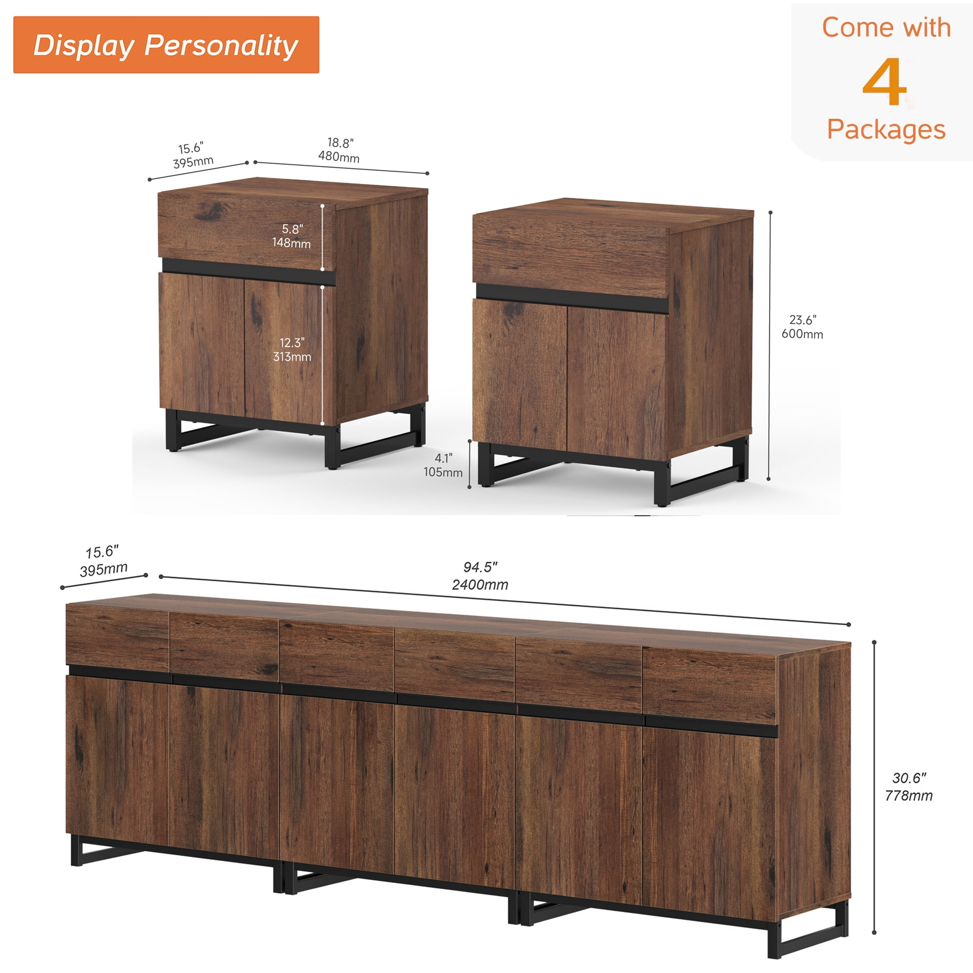 Modern 3-Piece Living Room Set – 94.5" TV Stand + 2 End Tables with Drawers, Entertainment Center with Storage Cabinet for Living Room,Brown