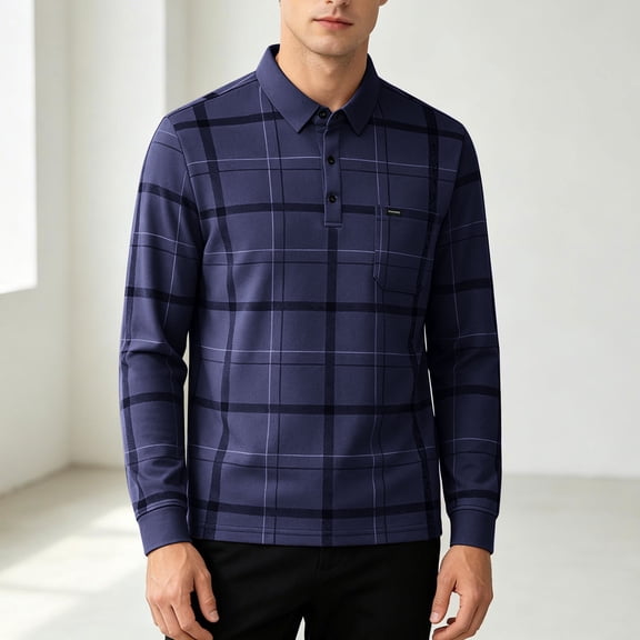 Ceisia Men's Plaid Print Long Sleeve Polo Shirt With Pocket Casual Business Solid Color Checkered Top Navy L Gift