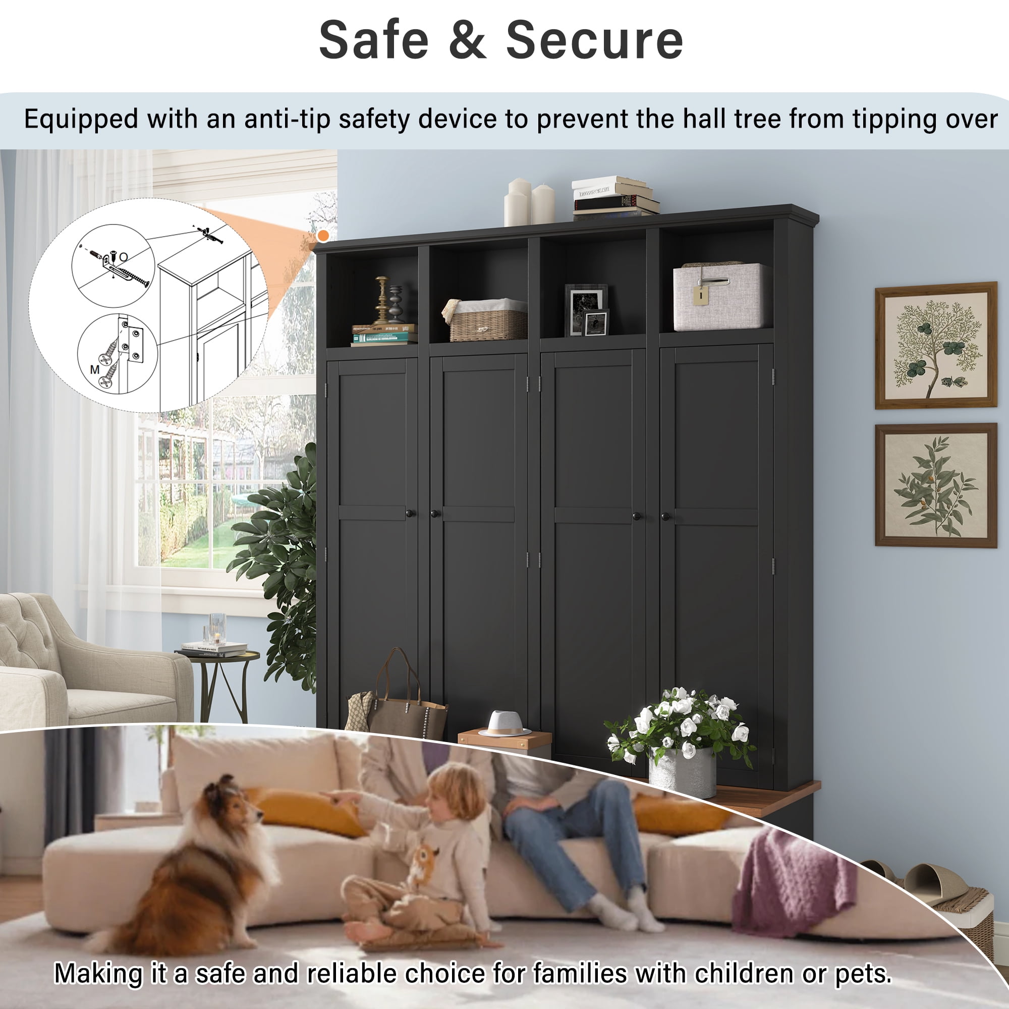 76.7''H Modern Entryway Hall Tree with Storage Bench, Accent Wardrobe Organizer with Cubbies and Hidden Hooks for Hallway