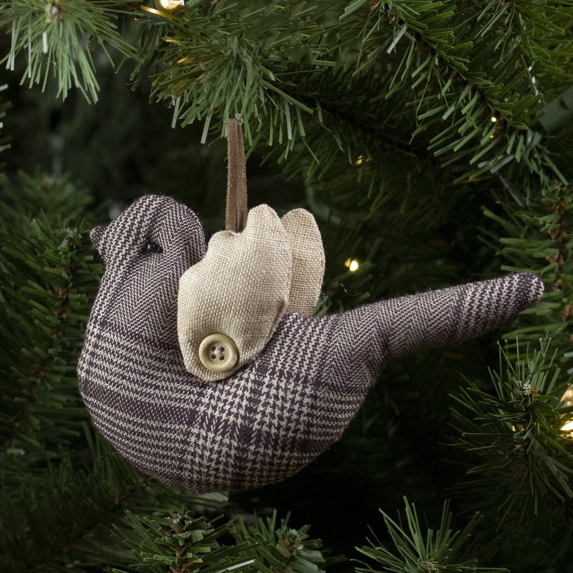 8" Brown and Beige Plaid Bird with Wings Christmas Ornament