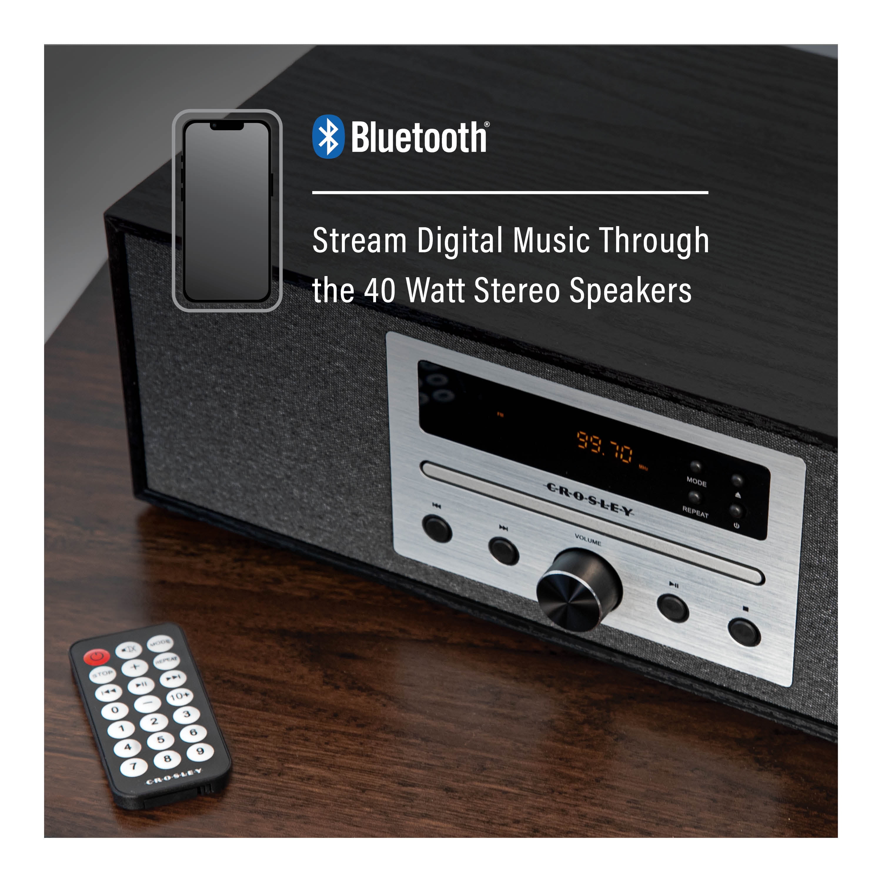 Crosley Finn AM/FM Radio CD Player with Stereo Bluetooth Speakers, Wireless Music Streaming
