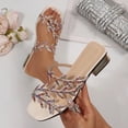 thumbnail image 4 of Rokment Sparkly Rhinestones Leaves Dress Slides Sandals for Women Bride Wedding 2026 Summer Bling Square Toe Chunky Block Low Heel Bridal Backless Slippers Beige Size 6, 4 of 6