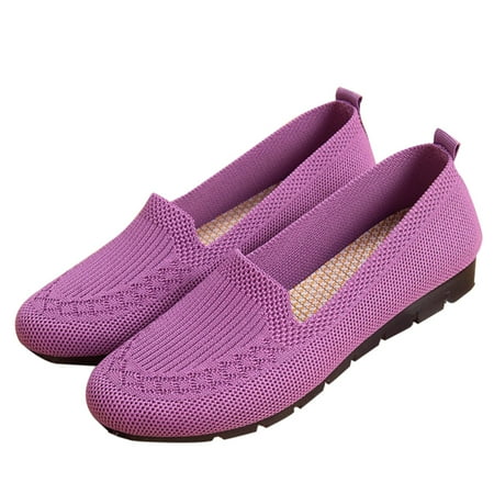 

Knitted Fabric Loafers Flat Shoes Leisure Summer Soft Stretch Comfort Breathable Flat Shoes for Women 36 Purple