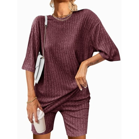 Ekouaer Pajamas Set 2 Piece Lounge Sets Ribbed Knit Matching Outfits T-shirt Biker Shorts Sleepwear Loungewear Sweatsuits