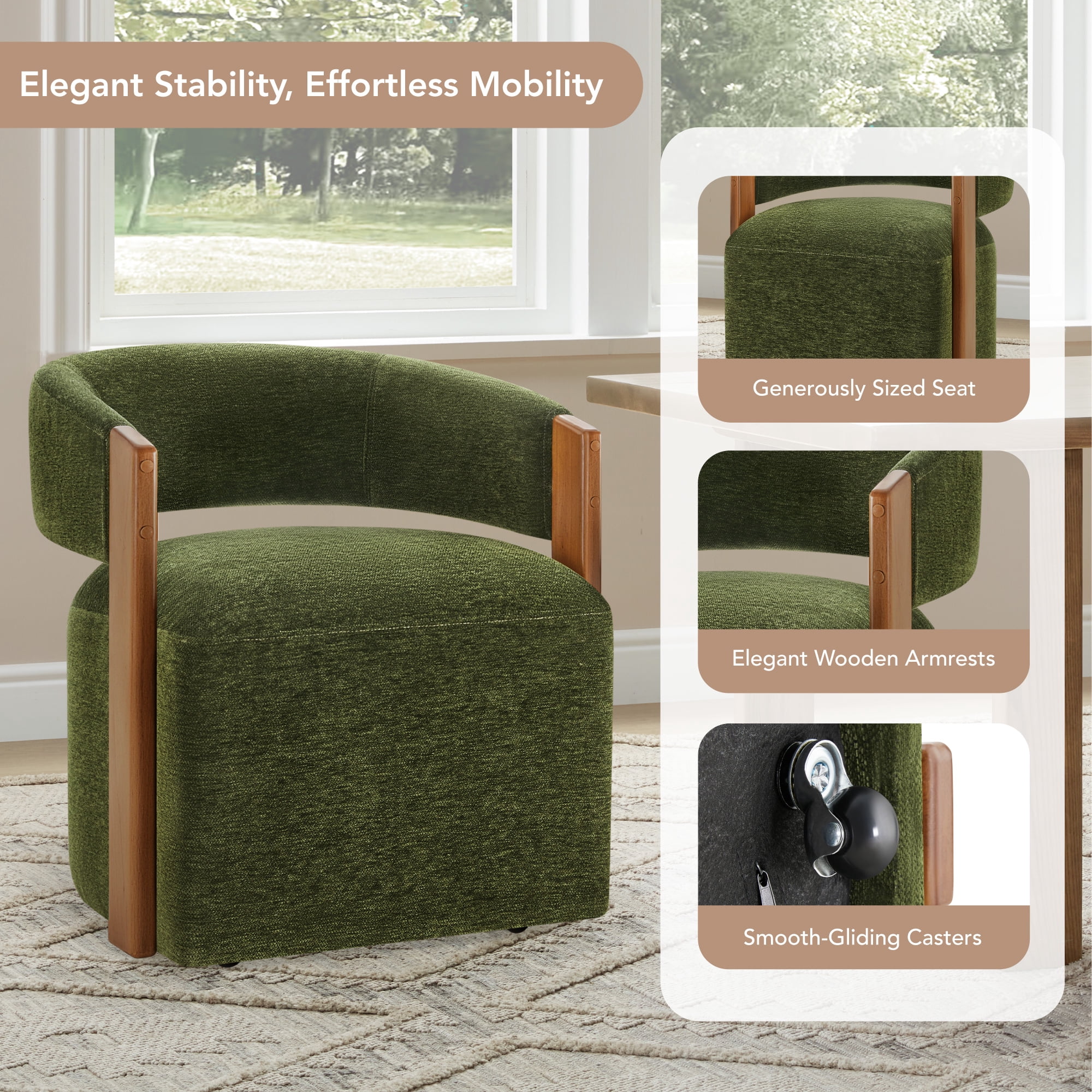 Spruce & Spring Upholstered Dining Chair with Wooden Armrests and Rolling Casters Single, Green