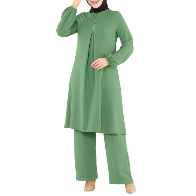 Wdgfv Robe pour Femmes Musulmanes Manches Longues Haut Ample Pantalon 2 Pcs Dubai Islamique Ensembles Assortis pour Femmes